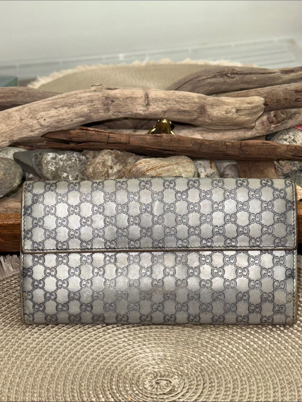 Gucci Gray GG Monogram Wallet with Gold Heart Tab